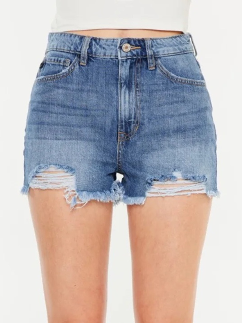 KanCan High Rise Denim Shorts Frayed Hem Distressed Medium Blue Wash 9/28 NWT